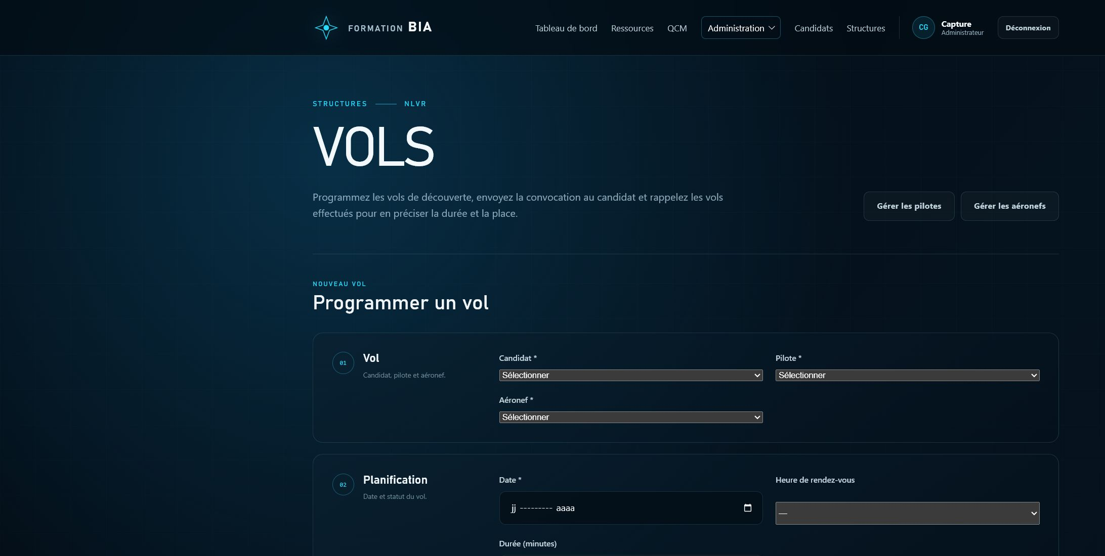 Écran de programmation des vols