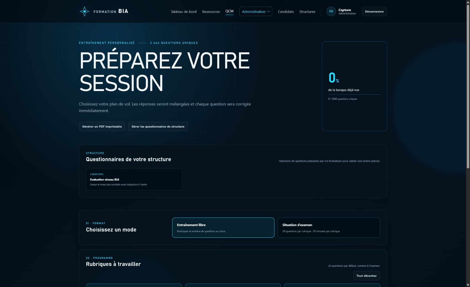 Écran de préparation d’un entraînement QCM